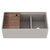 JULIEN Home Refinements Fira Fireclay 36'' W Reversible Flat Front Apron Undermount Double Kitchen Sink, Matte Taupe, w/ Ledge and Walnut Cutting Board
