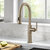 KRAUS Sellette™ Traditional Industrial Pull-Down Single Handle Kitchen Faucet, Brushed Gold, Angle View