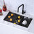 Stylish International Workstation Accessories Kit: Includes Cutting Board A-917, Colander A-06, and Roll-Up Drying Rack A-902, In Use Kitchen Overhead View